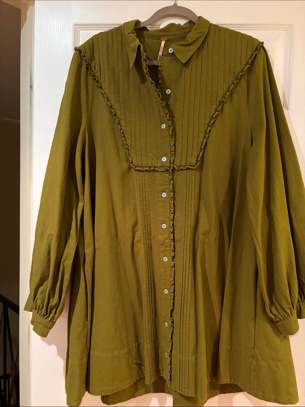 Free People Olive Green Pintuck Ruffle Button-Front Blouse